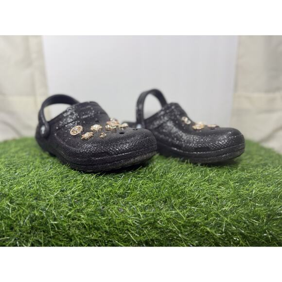 Bling Crocs Classic Black Glitter Lined Clog Shoe Women 8 Men 6 Rhinestones Gold - Picture 1 of 16